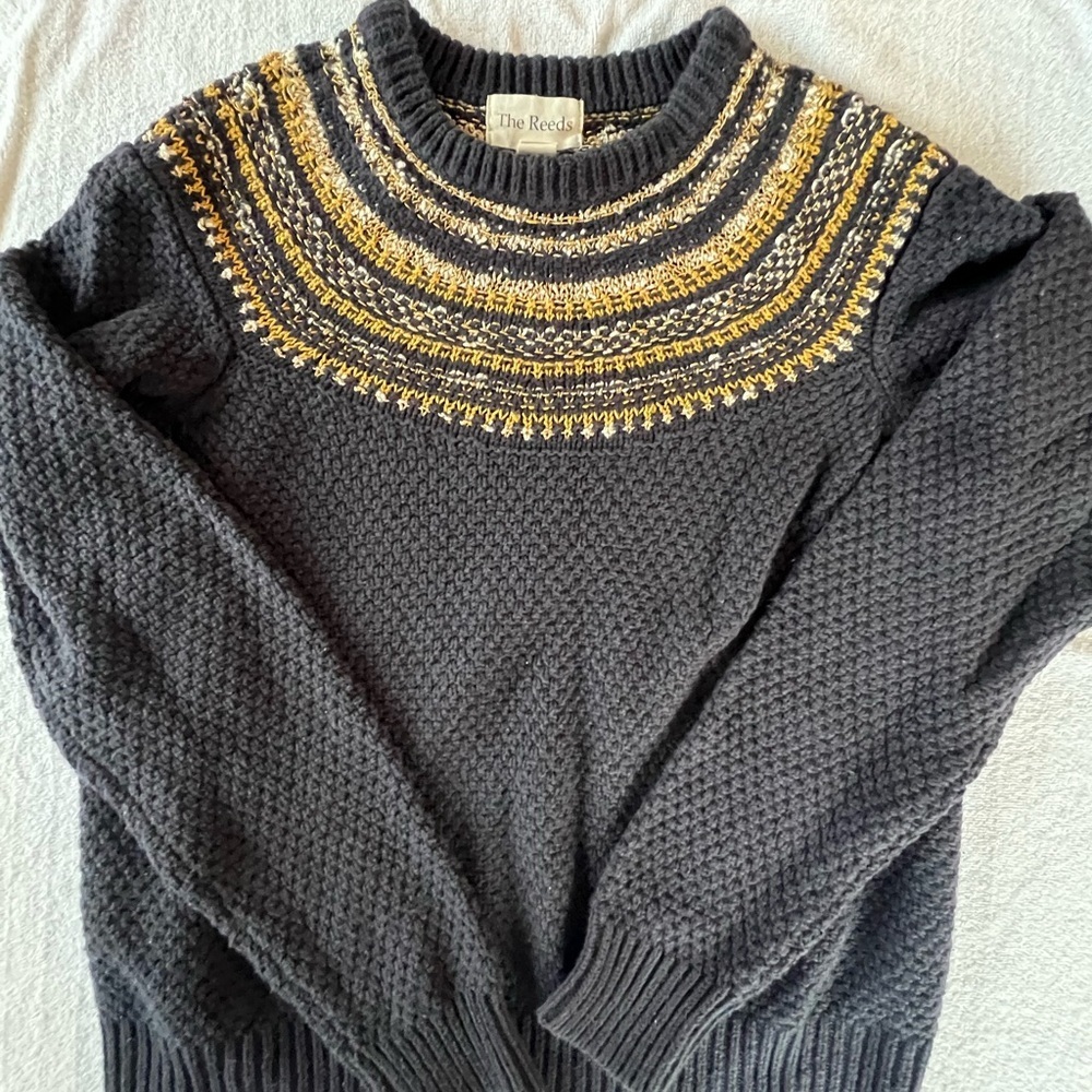 J. Crew “The Reeds” Navy Sweater with Metallic Gold Pattern​​